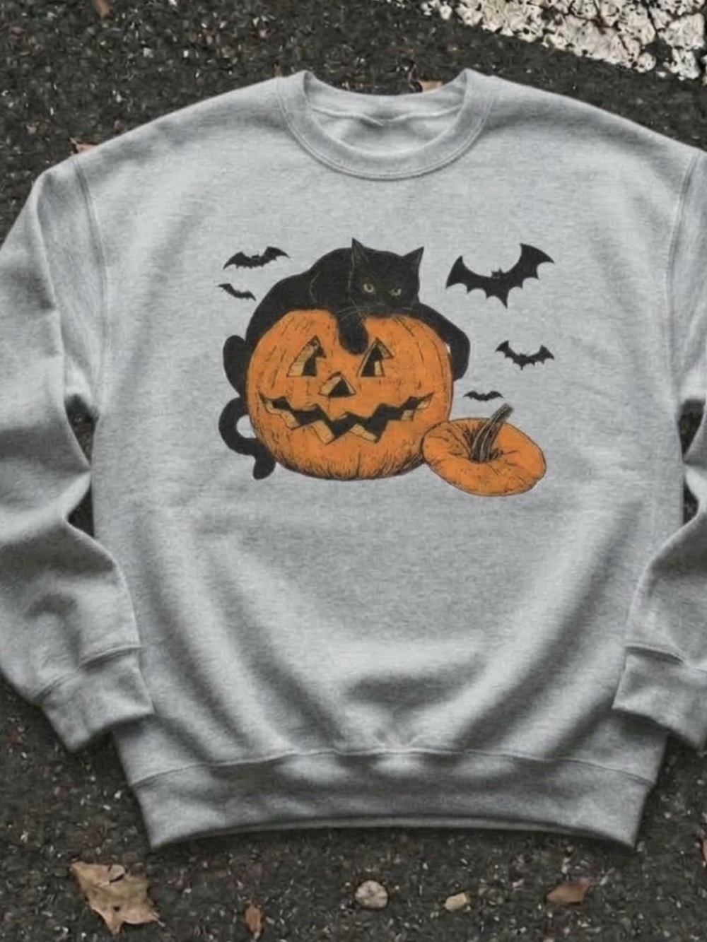Gray Halloween Pumpkin & Cat Graphic Sweatshirt